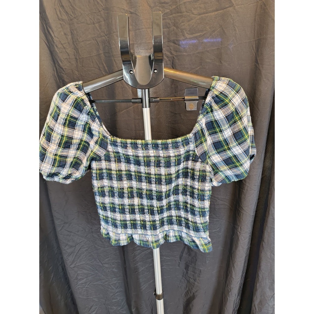 American Eagle Plaid Smocked Square Neck Puff Sleeve Crop Top Women's M